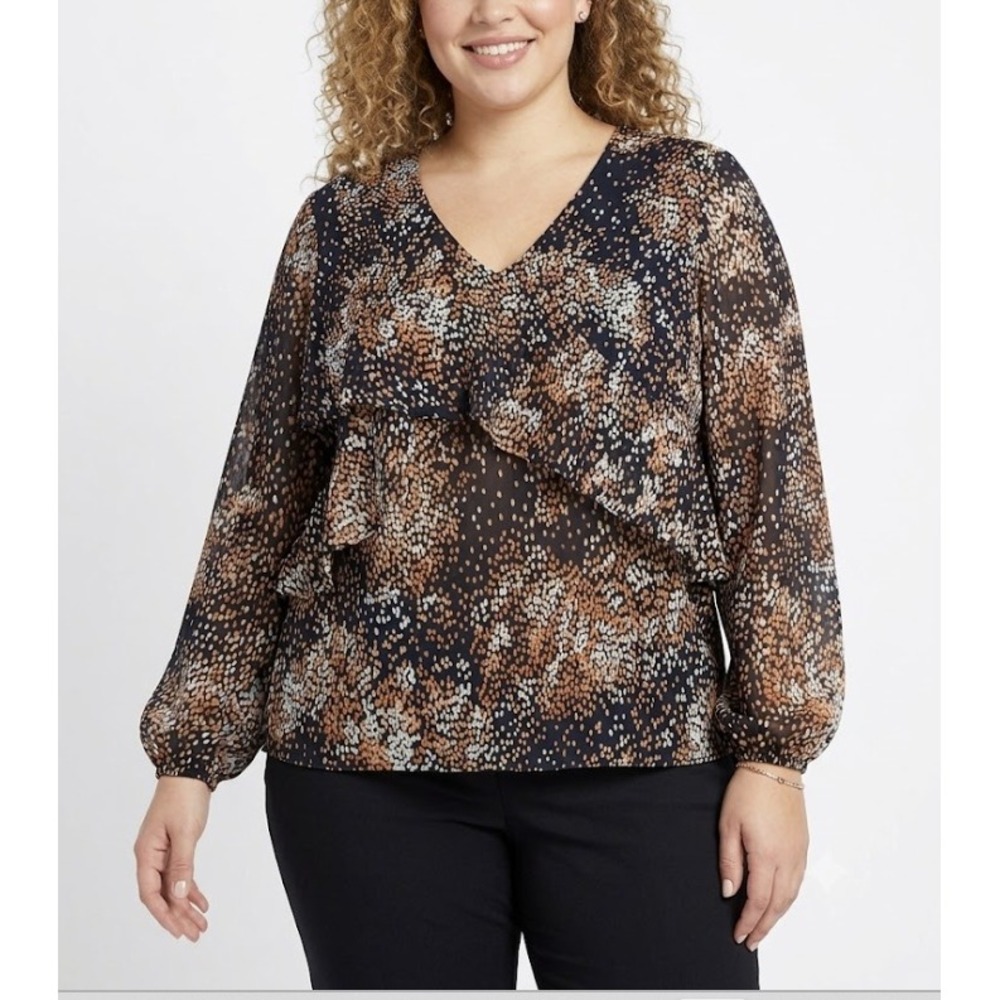 New Zac & Rachel Blouse 1X Multi Color Dot Ruffle Detail Soft Flowy Long Sleeve